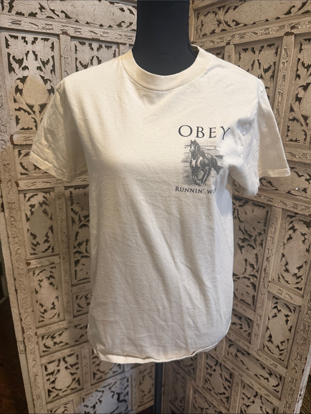 Obey Cream Short-Sleeve Graphic Tee with Horse Motif